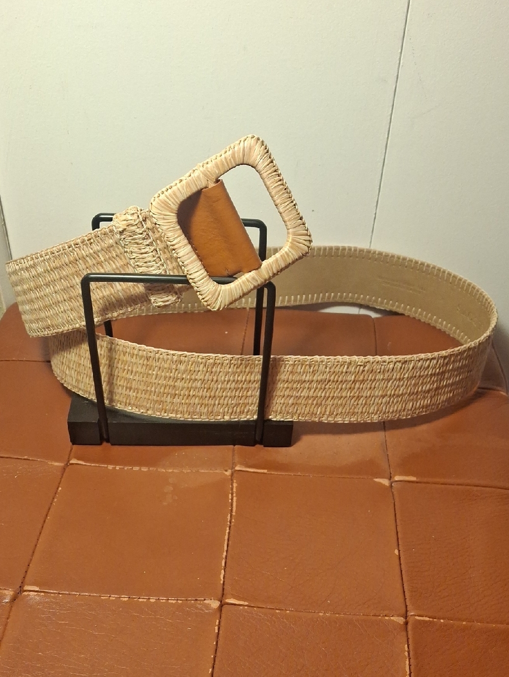 Talbots Natural Woven Straw Belt with Square Buckle - Beige